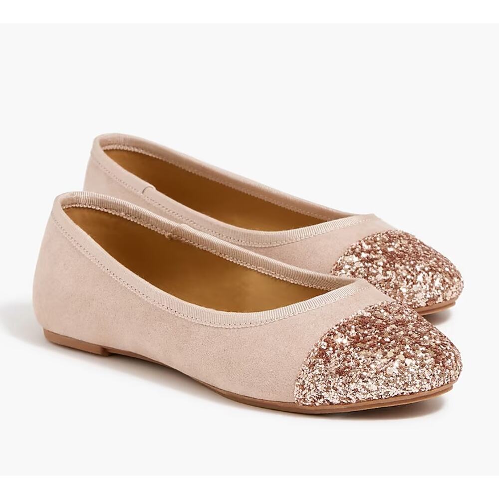 NWT J. CREW Crewcuts Girls' Glitter Cap Toe Ballet Flats Tan Gold 4